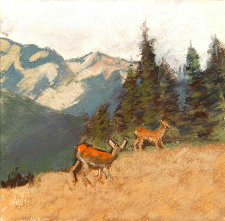 Deer On The Ridge by Gretha Lindwood, pastel, 6"x6"